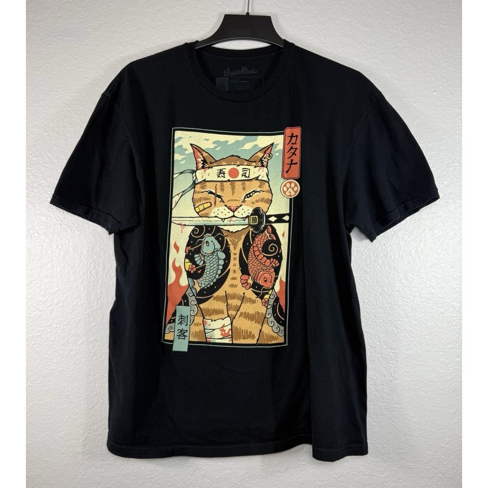 Black Threadless Vincent Trinidad TShirt Japanese Samurai Cat Graphic Print XL
